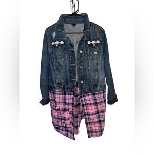 Upcycled Women's Denim and Pink Plaid Duster Jacket